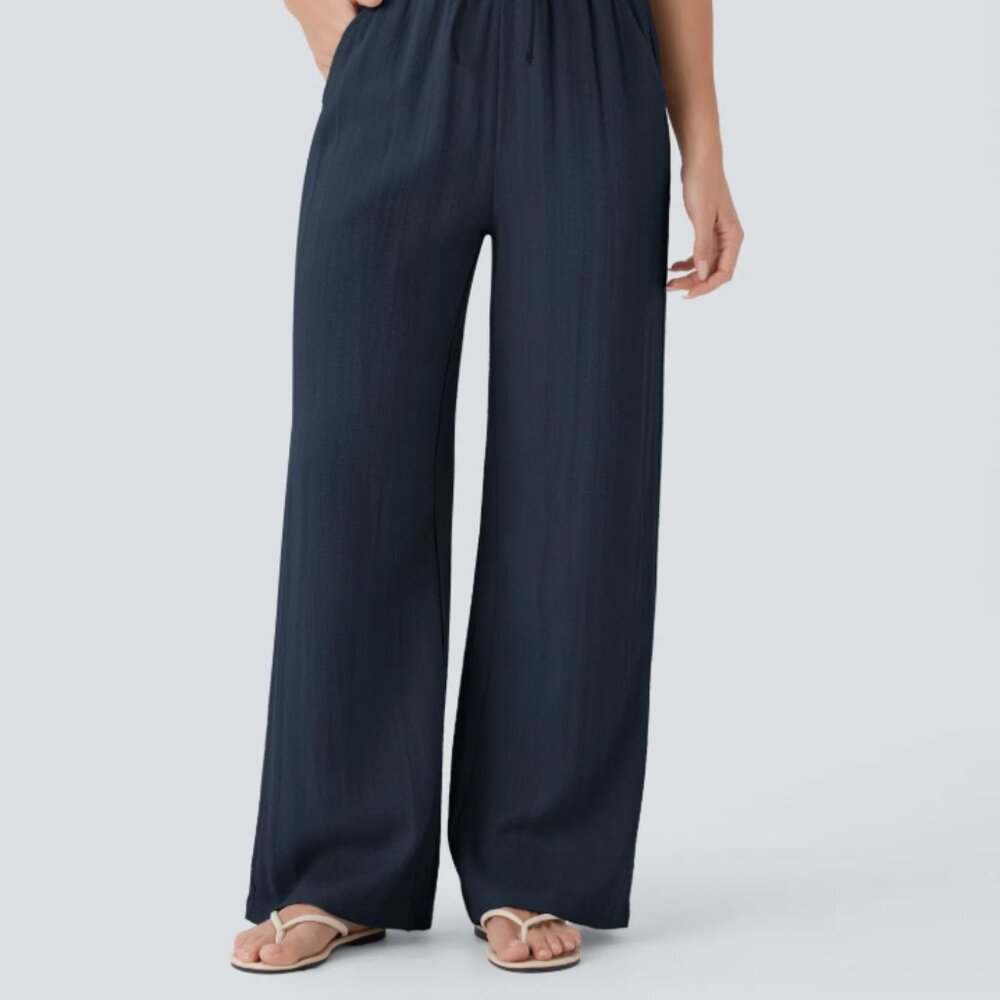 High Waisted Drawstring Pocket Wide Leg Casual Linen-Feel Pants / S